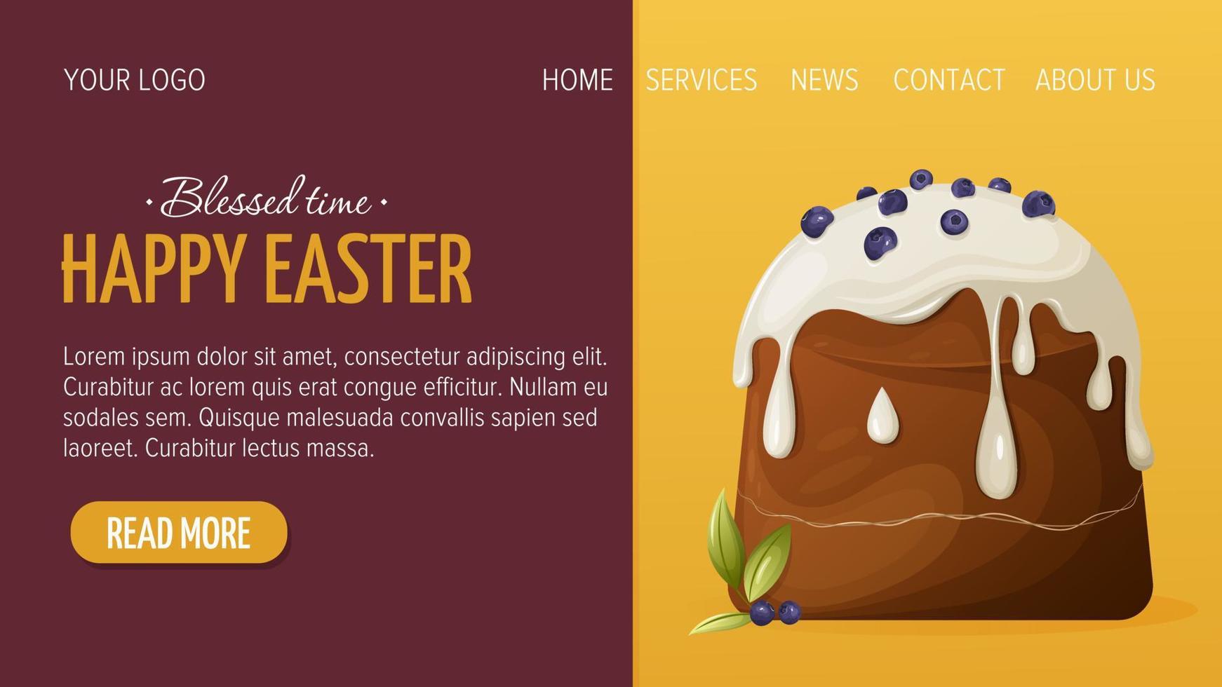 Web page design for Happy Easter. Festive traditional cake with white icing and blueberries. Vector illustration, template for poster, banner, website.