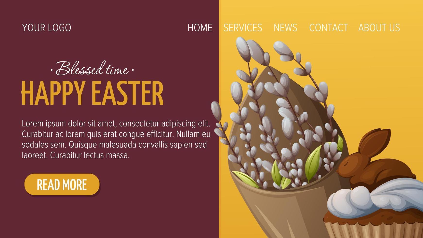 Web page design for Happy Easter. A bouquet of willow branches and a cupcake with a chocolate bunny. Vector illustration, template for poster, banner, website.