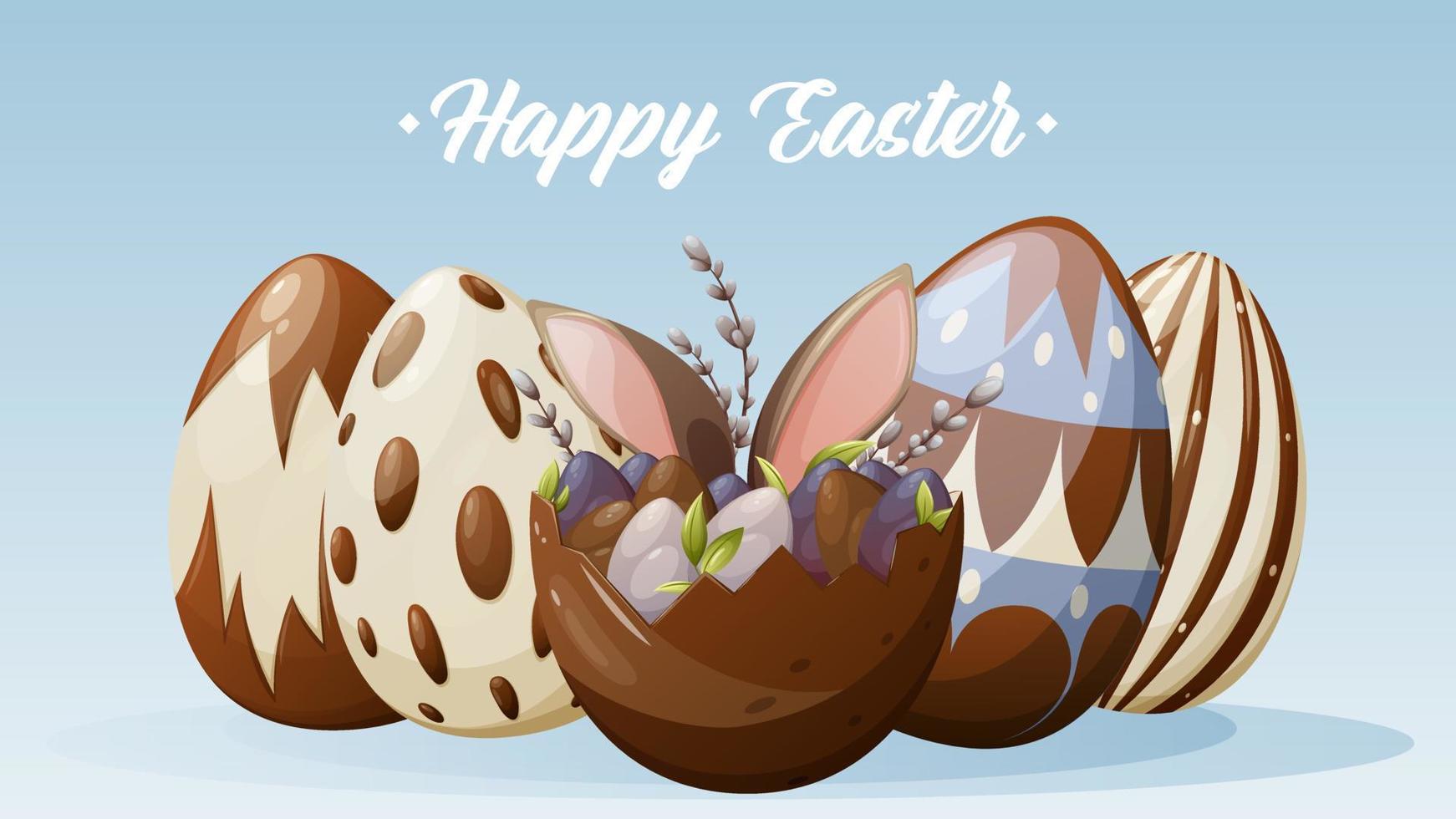 Festive card for Happy Easter. Colorful eggs decorated with chocolate, bunny ears, willow twigs. Vector illustration for poster, banner, website, postcard