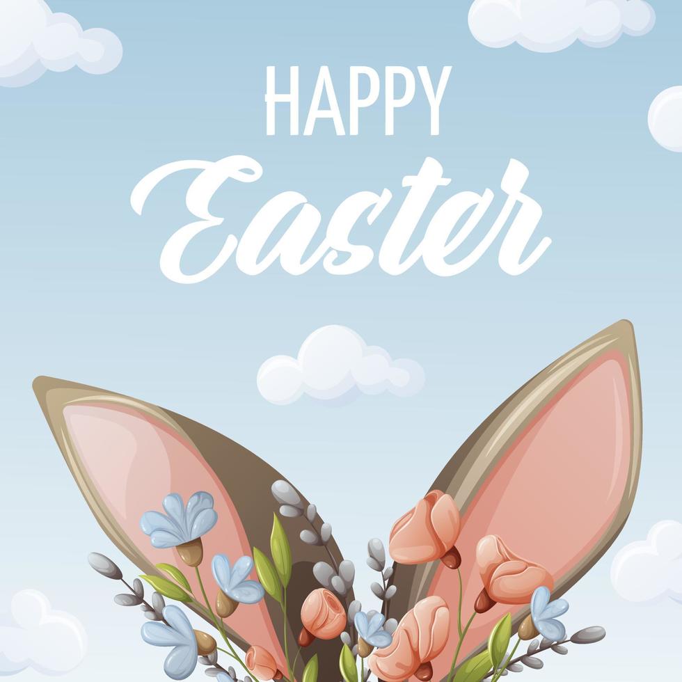 Bunny ears in flowers and willow branches with sky background with clouds with happy easter text. Vector illustration for the spring holiday. For banner, poster.