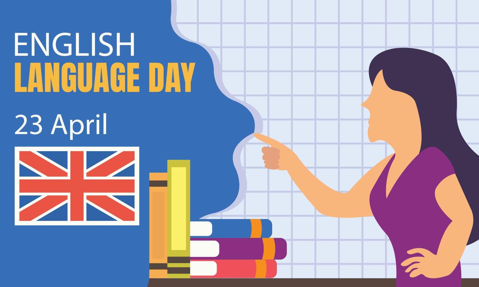 ilustración gráfica vectorial de una mujer apuntando a una bandera inglesa, perfecta para el día internacional, día del idioma inglés, celebración, tarjeta de felicitación, etc. vector