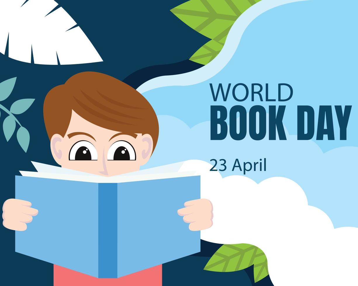 ilustración gráfica vectorial de un niño leyendo un libro, mostrando el fondo de las nubes, perfecto para el día internacional, el día mundial del libro, celebrar, tarjeta de felicitación, etc. vector