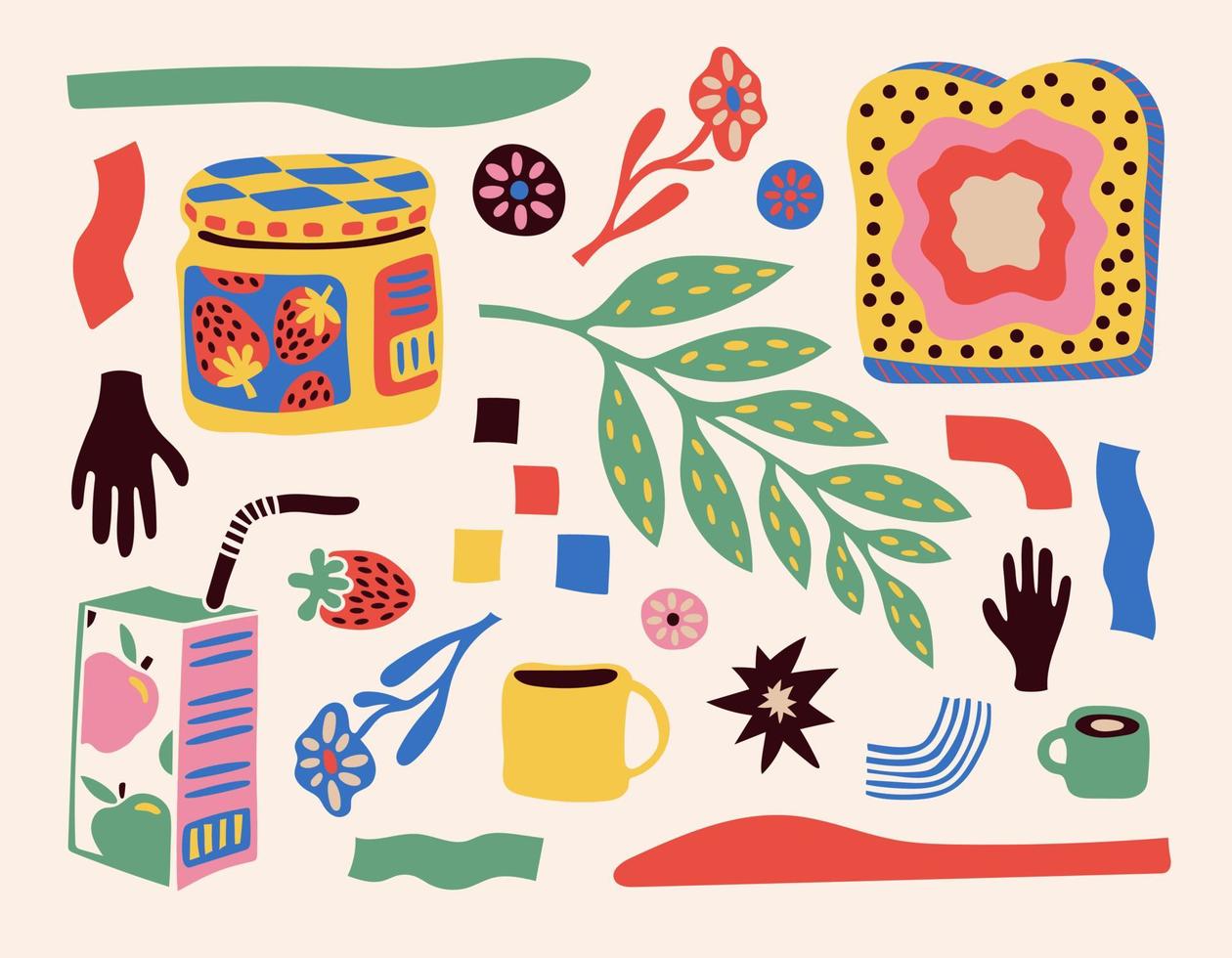 juego de pegatinas con comida dibujada. estilo de dibujo varias bebidas coloridas, cupcakes, donuts, frutas, café, fanans. ilustración vectorial de moda dibujada a mano. vector