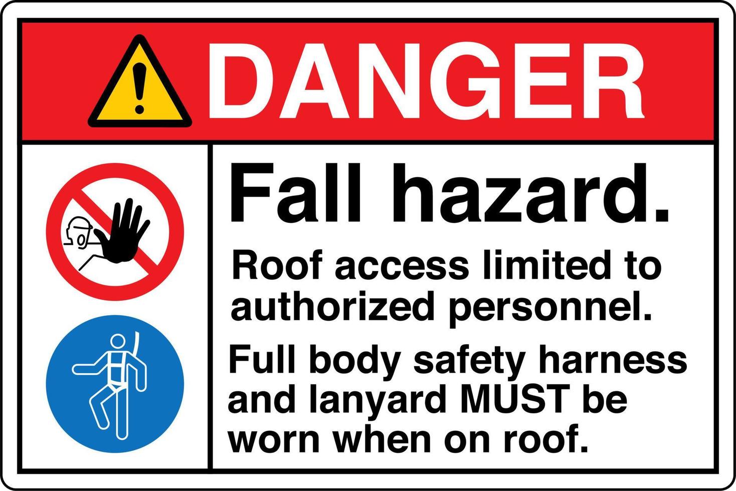 Safety Sign Marking Label Symbol Pictogram Danger Fall hazard Roof access limited to authorized personnel Full body safety harness and lanyard MUST be worn when on roof vector