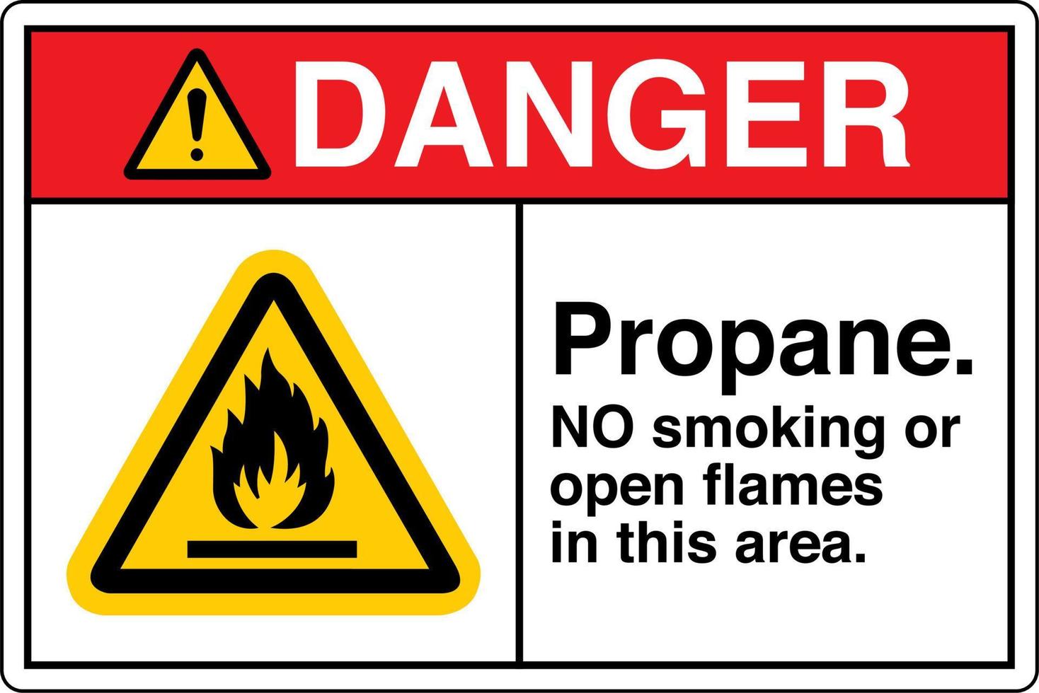 Safety Sign Marking Label Symbol Pictogram Standards Danger Flammable material Propane NO smoking or open flames in this area vector