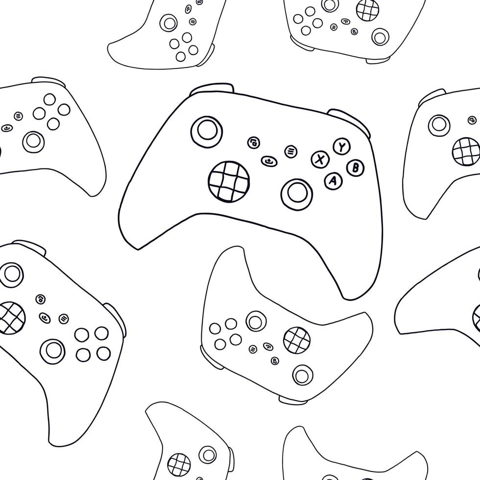 Seamless pattern of game controllers. Vector illustration in hand-drawn outline flat style on white background