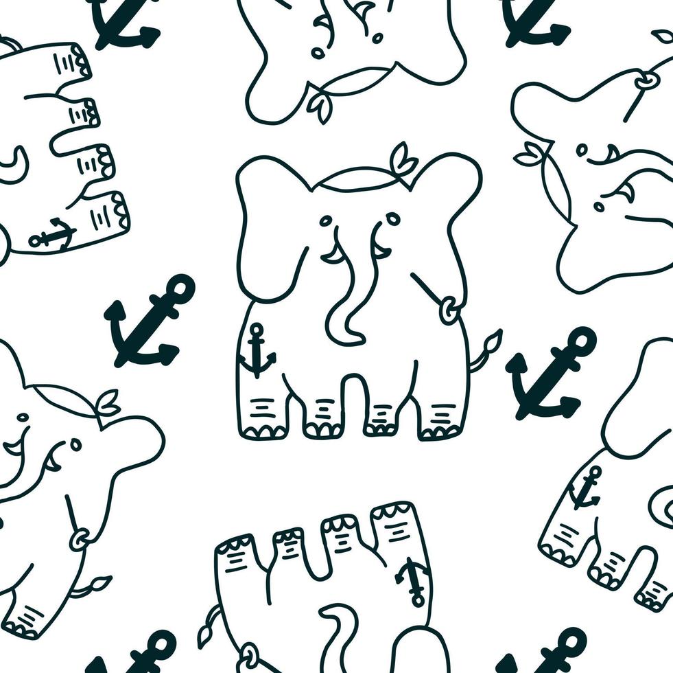 Elephant pirate. Seamless Pattern. Vector illustration in outline doodle style isolated on white background.