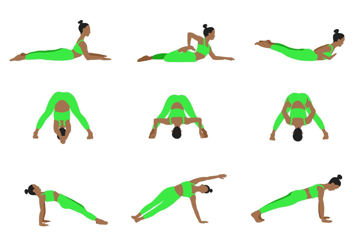 colección de posturas de yoga. afroamericano. mujer mujer niña. ilustración vectorial en estilo plano de dibujos animados aislado sobre fondo blanco. vector