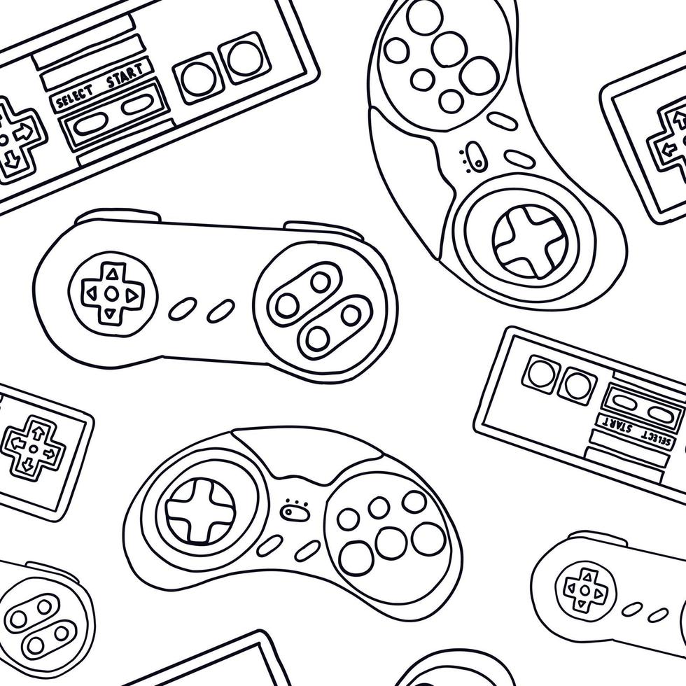 Seamless pattern of game controllers. Vector illustration in hand-drawn outline flat style on white background