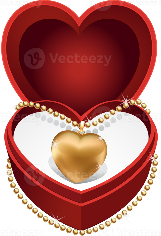 Gold necklet with gold heart in red velvet box png