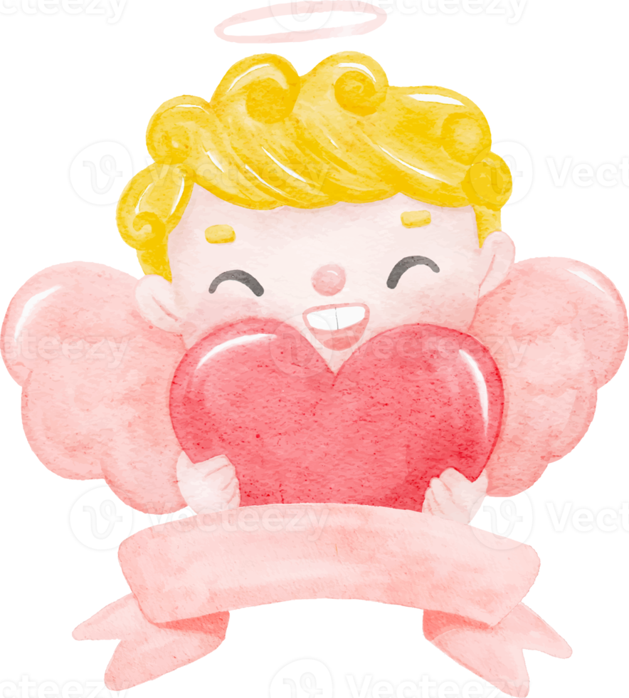 cute watercolour happy cheerful smile Valentine love cupid boy blonde curly hair on ribbon banner cartoon character hand painting illustration png