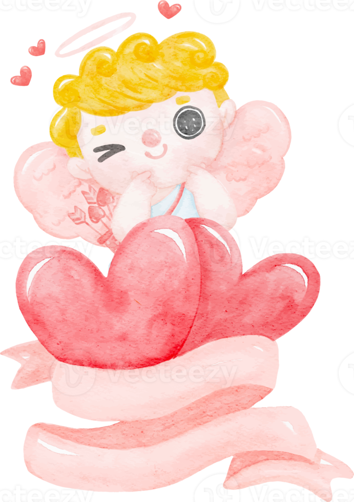 cute watercolour happy cheerful smile Valentine love cupid boy blonde curly hair on ribbon banner cartoon character hand painting illustration png