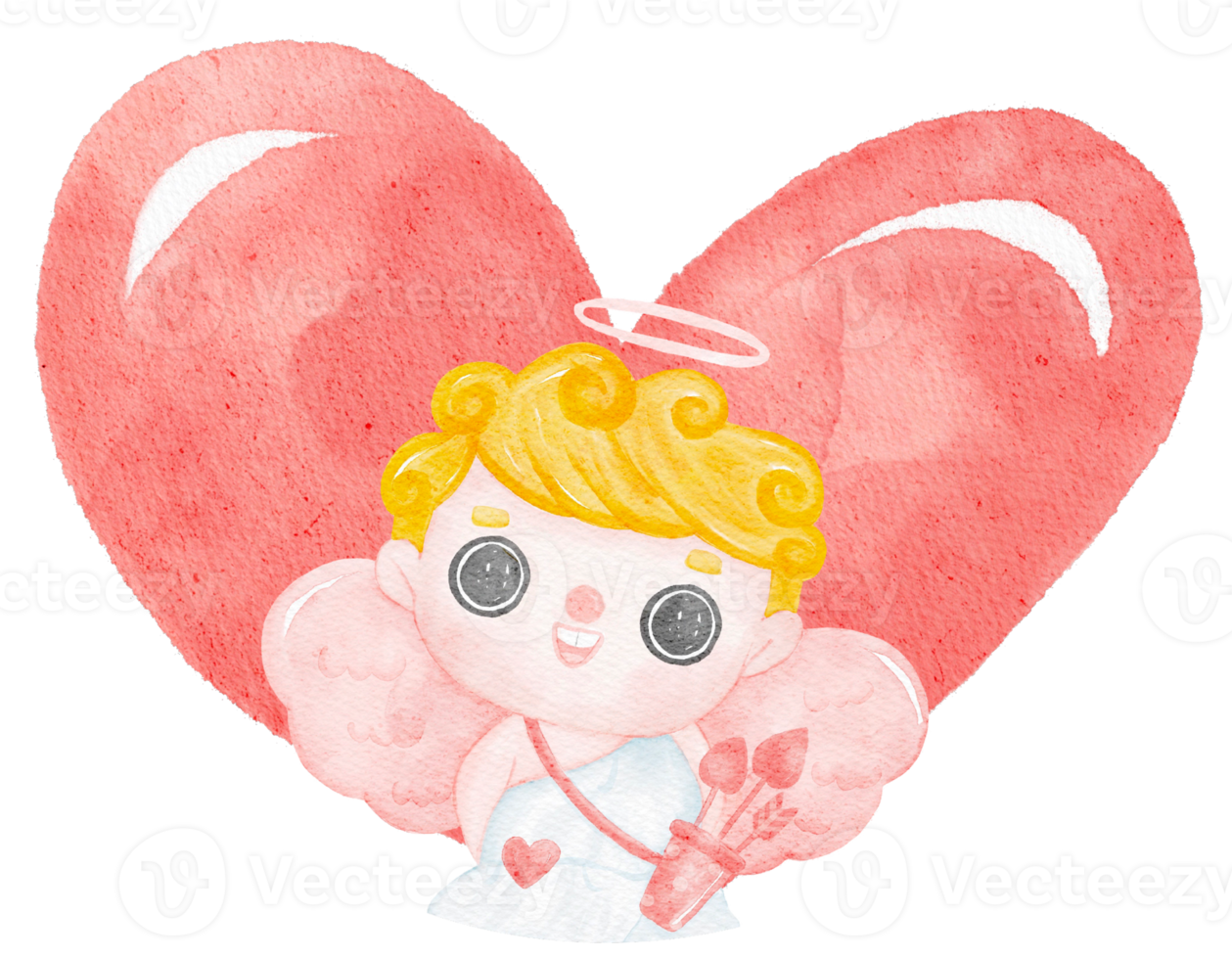 cute watercolour happy cheerful smile Valentine love cupid boy blonde curly hair on big red heart png