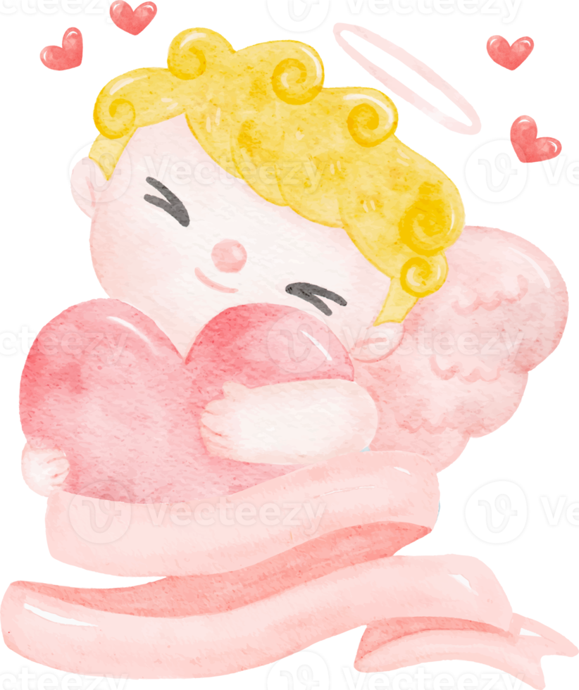 cute watercolour happy cheerful smile Valentine love cupid boy blonde curly hair on ribbon banner cartoon character hand painting illustration png