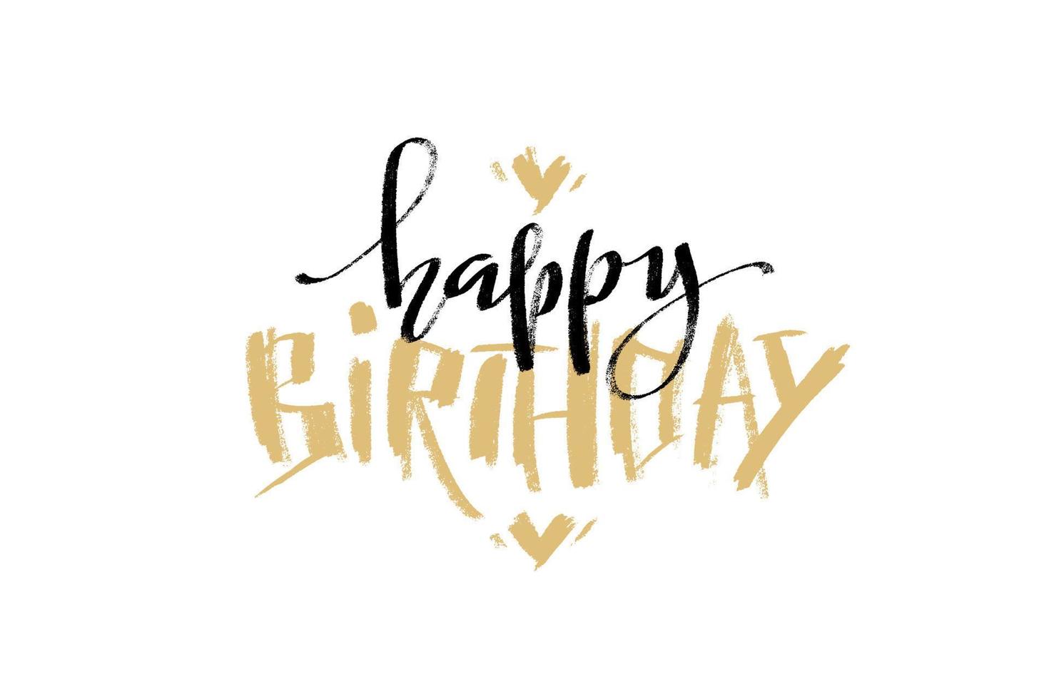 Happy Birthday greeting horizontal card. Modern vector typography. Hand written lettering with hearts.