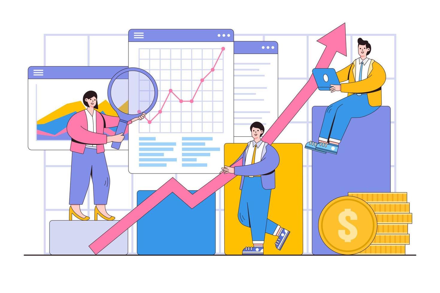 Flat statistical and data analysis for business finance investment concept. Business people team working with graph. Outline design style minimal vector illustration for landing page