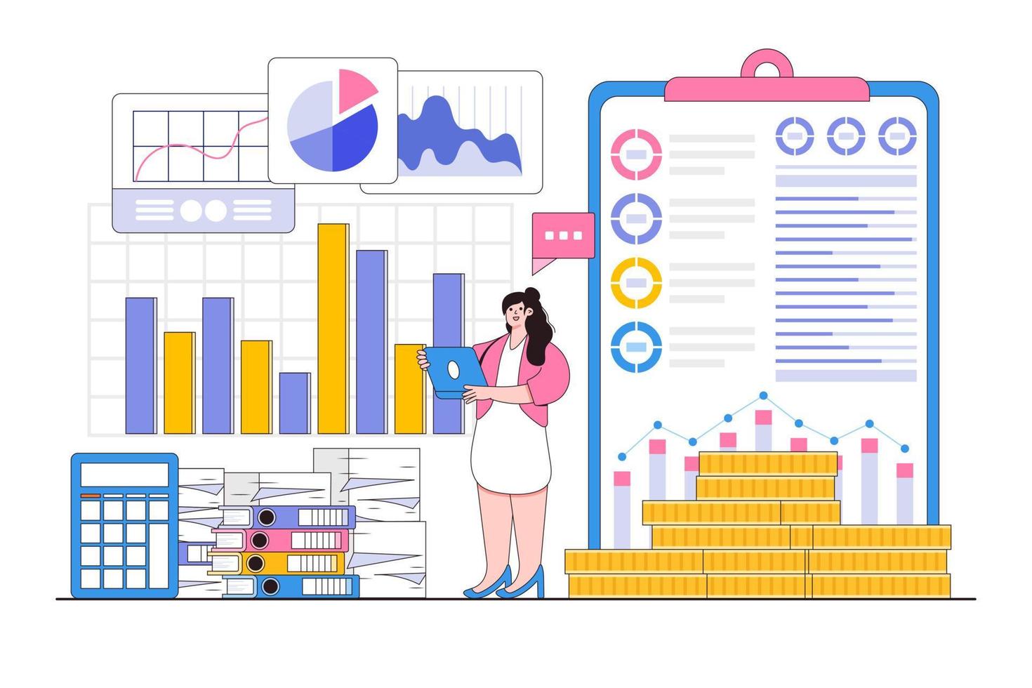 Flat balance financial value, management and administration concept. Statistic, calculating financial risk graph. Outline design style minimal vector illustration for landing page