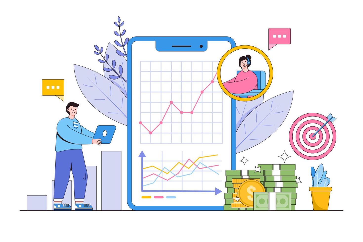 Online financial advisor service with smartphone concept. Finance and innovative mobile technology. Outline design style minimal vector illustration for landing page, web banner, infographics