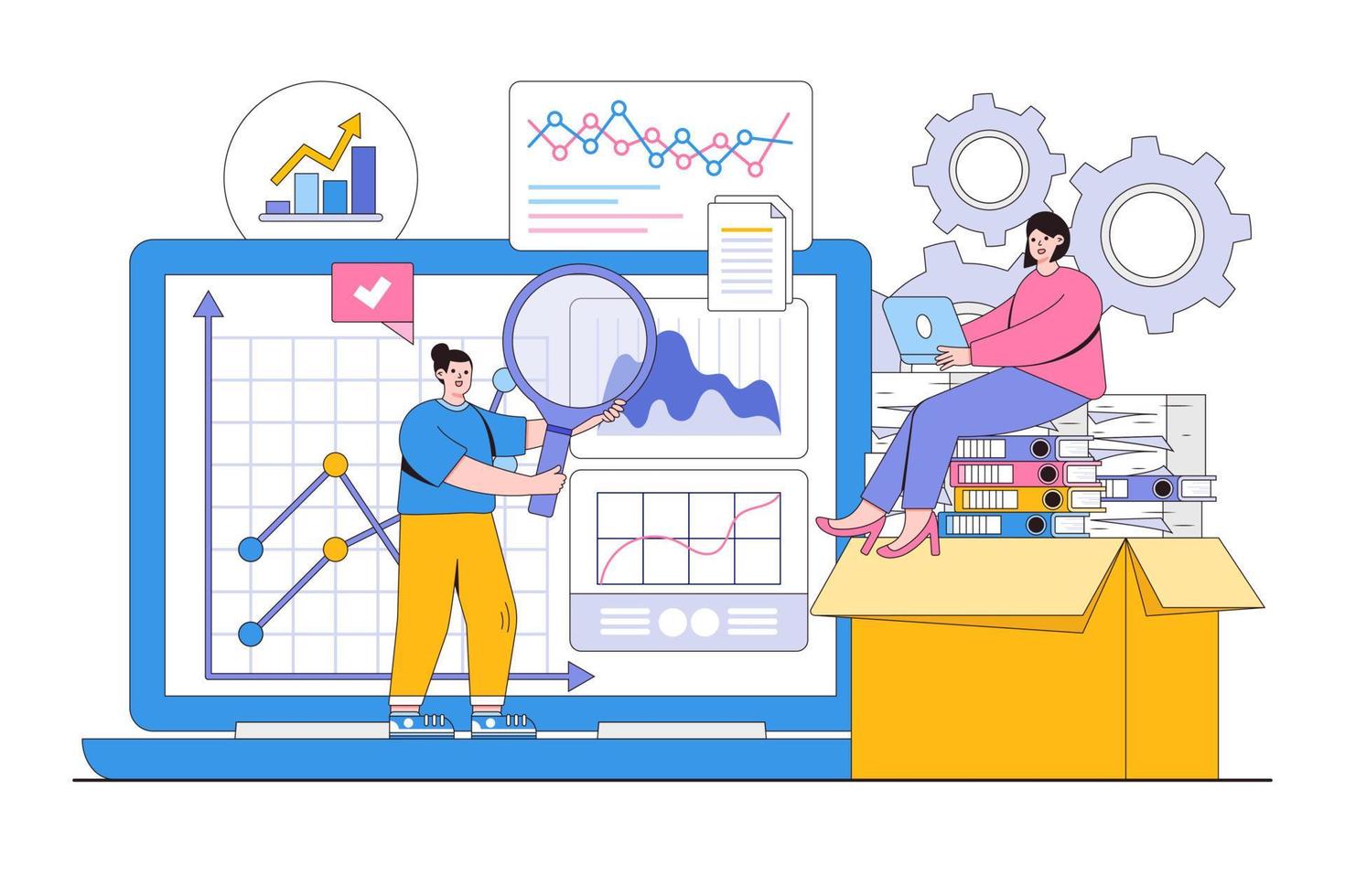 Flat digital data analysis concept. People characters working with data visualization, analyzing tables, charts and graphs at business dashboard vector