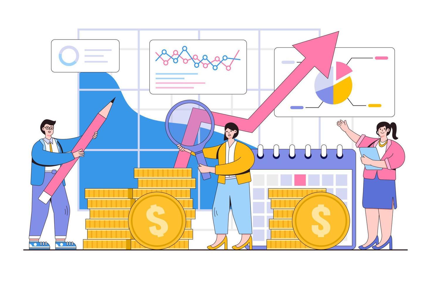 Flat financial administration, calculating payment, salary or taxes concept. Outline design style minimal vector illustration for landing page, web banner, infographics, hero images