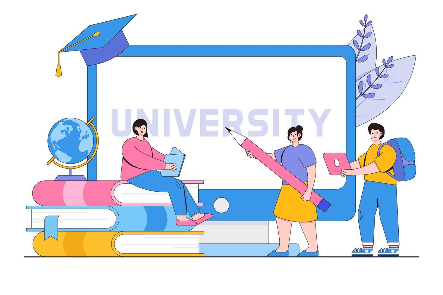 Flat distance education technology concept. Students study online in university or college campus. Outline design style minimal vector illustration for landing page, web banner, infographics