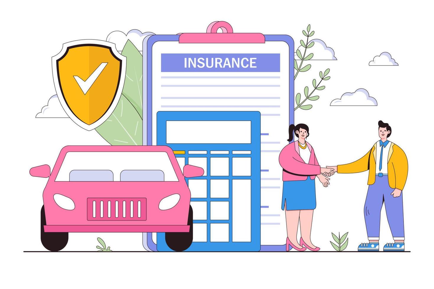 Flat car insurance coverage protection contract document with shield or auto vehicle guarantee assurance legal doc policy concept. Outline design style minimal vector illustration for landing page
