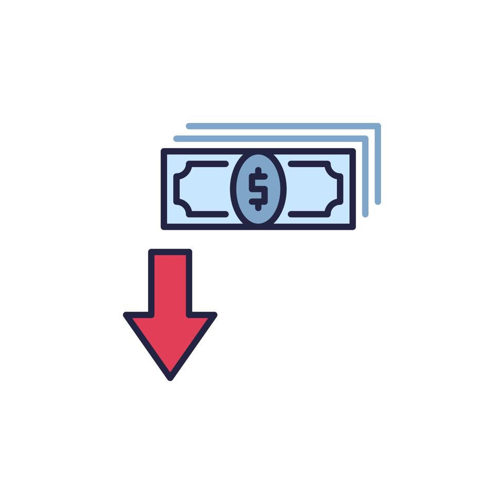 icono de color del concepto de reducción del valor de la moneda del vector de devaluación en efectivo