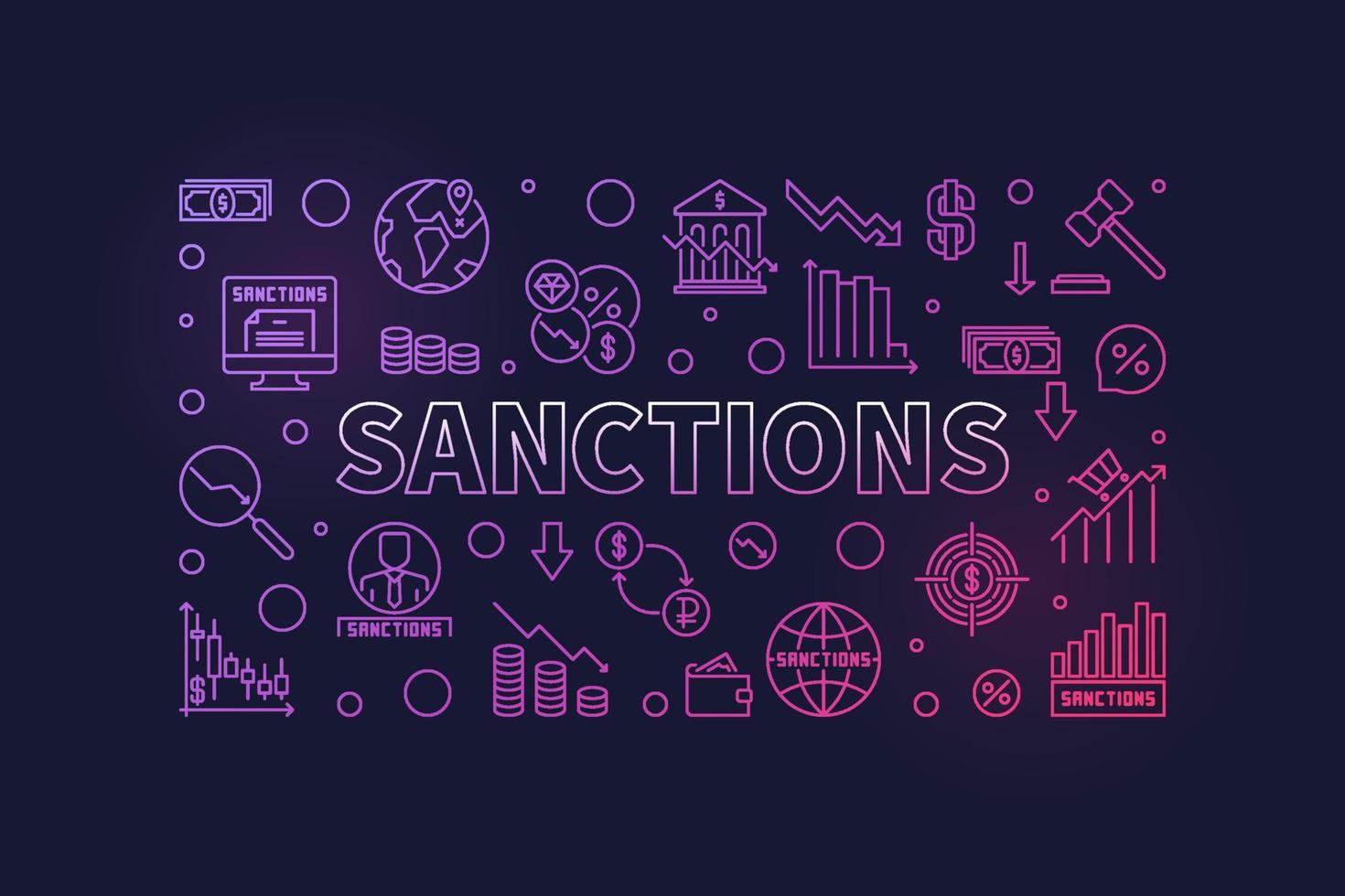 Sanctions horizontal vector colored banner - Economic Penalties linear illustration