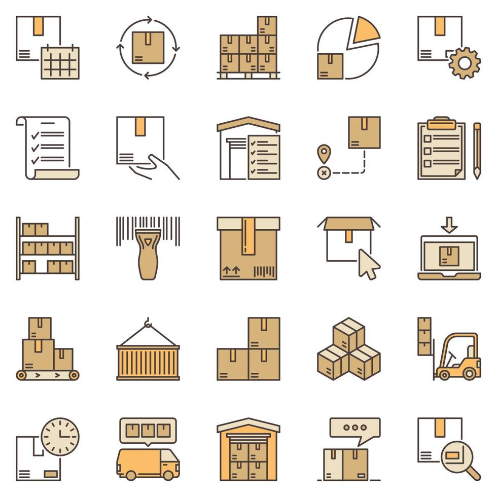 conjunto de iconos de colores de inventario y almacenamiento. signos de concepto de almacén vector