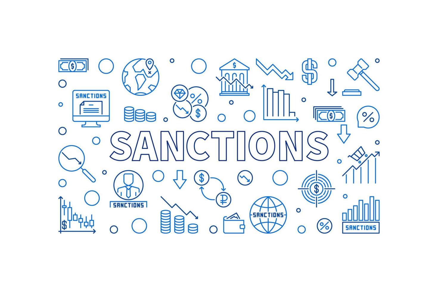 Sanctions horizontal vector banner. Economic Penalties thin line illustration