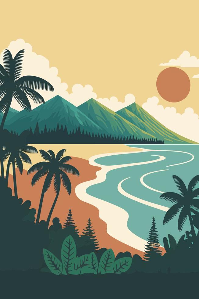 hawai Seascape with mountains and sea. Vector illustration in flat style