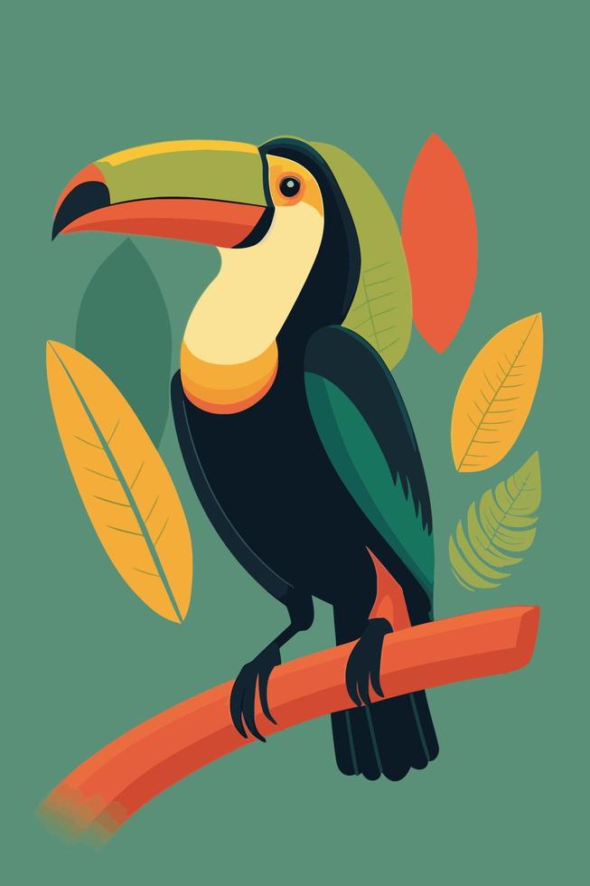 Toucan sitting on a tree branch. Vector illustration in flat style.