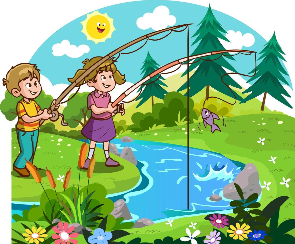 doodle niños pescando en el río ilustración vector de dibujos animados