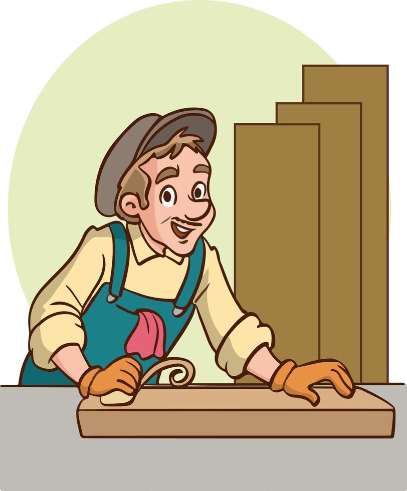 A carpenter sawing the wood on the table cartoon vector