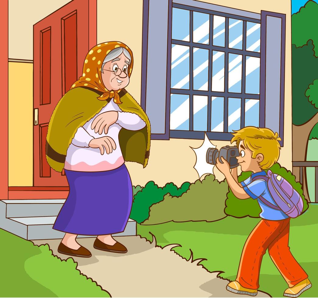 Young boy holding photo camera and taking pictures.boy taking photo of old woman. vector