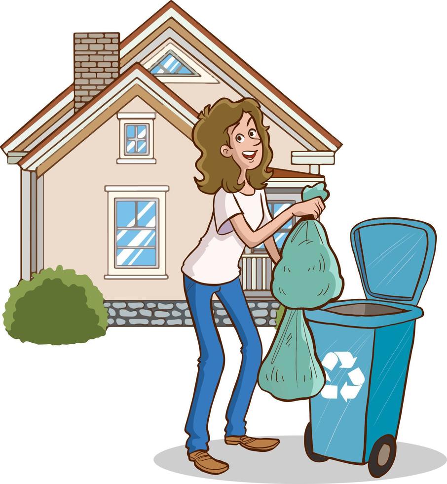A woman in an apron throws trash vector
