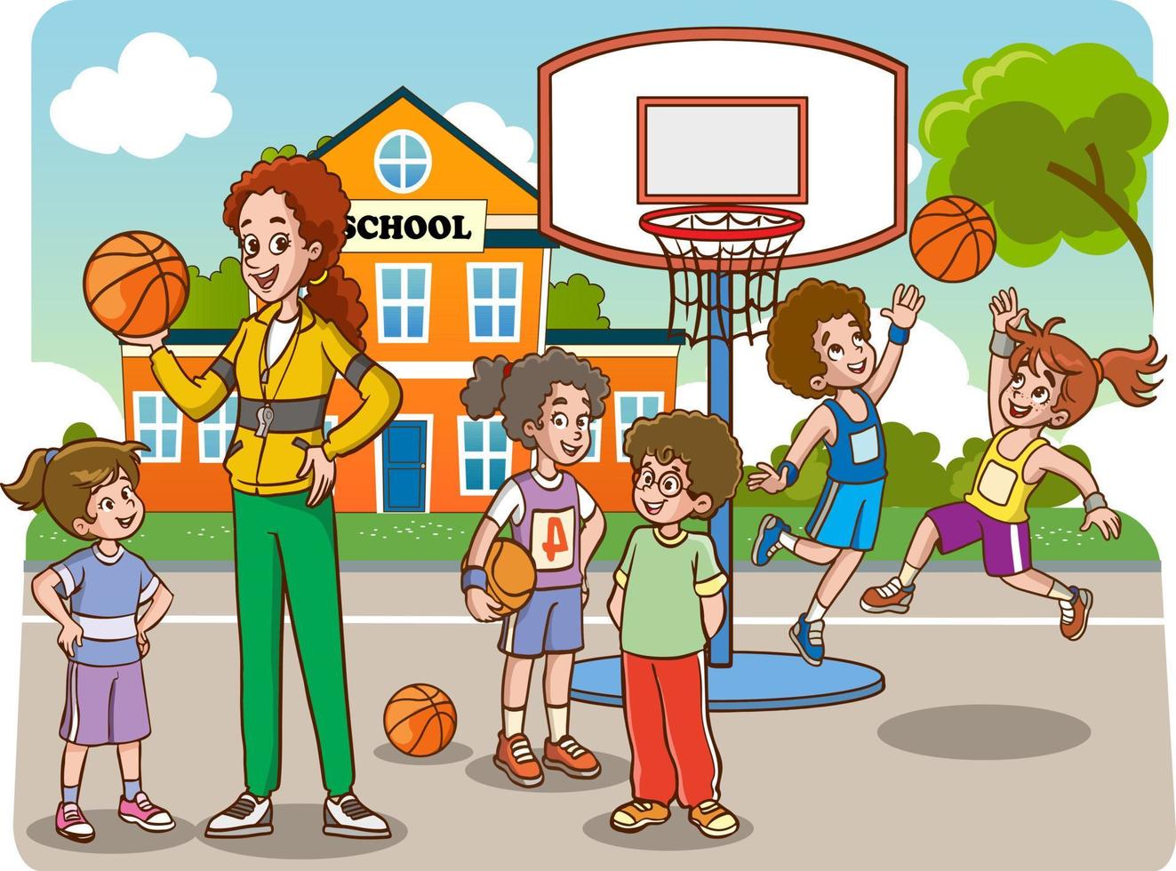 students and teacher in sports lesson cartoon vector