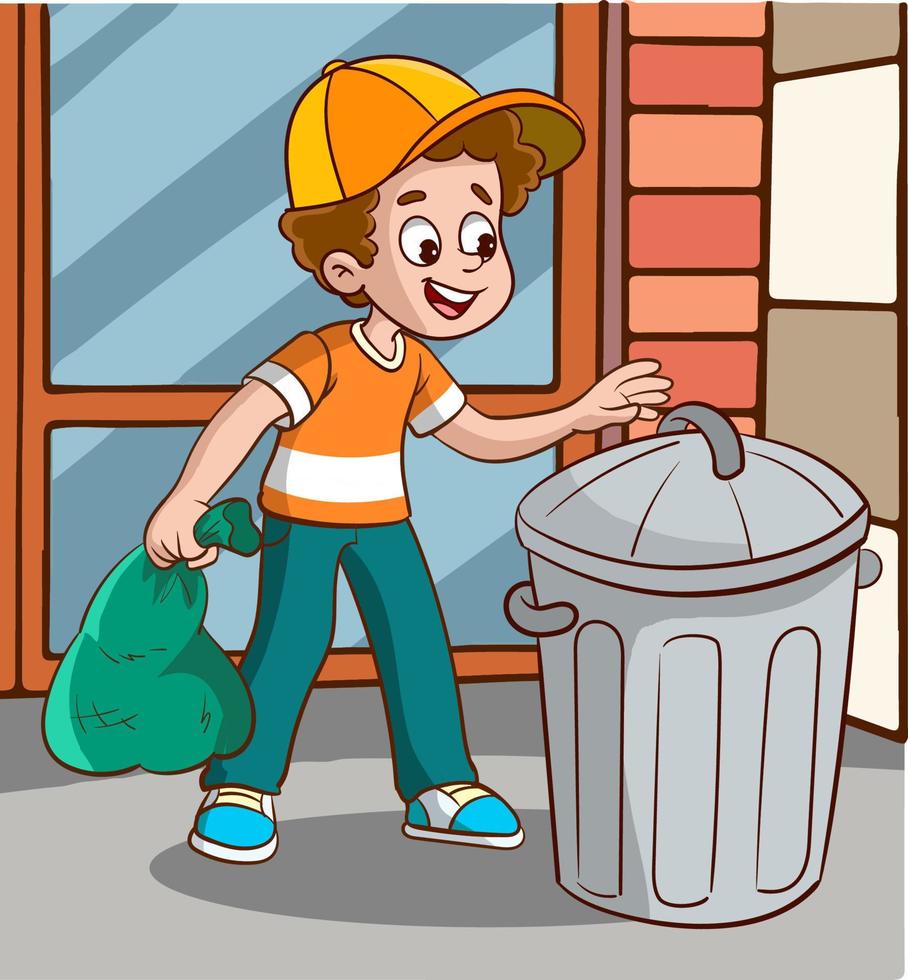 ilustración vectorial de un niño tirando basura. un niño lleva basura en una bolsa de plástico para eliminarla en el contenedor vector