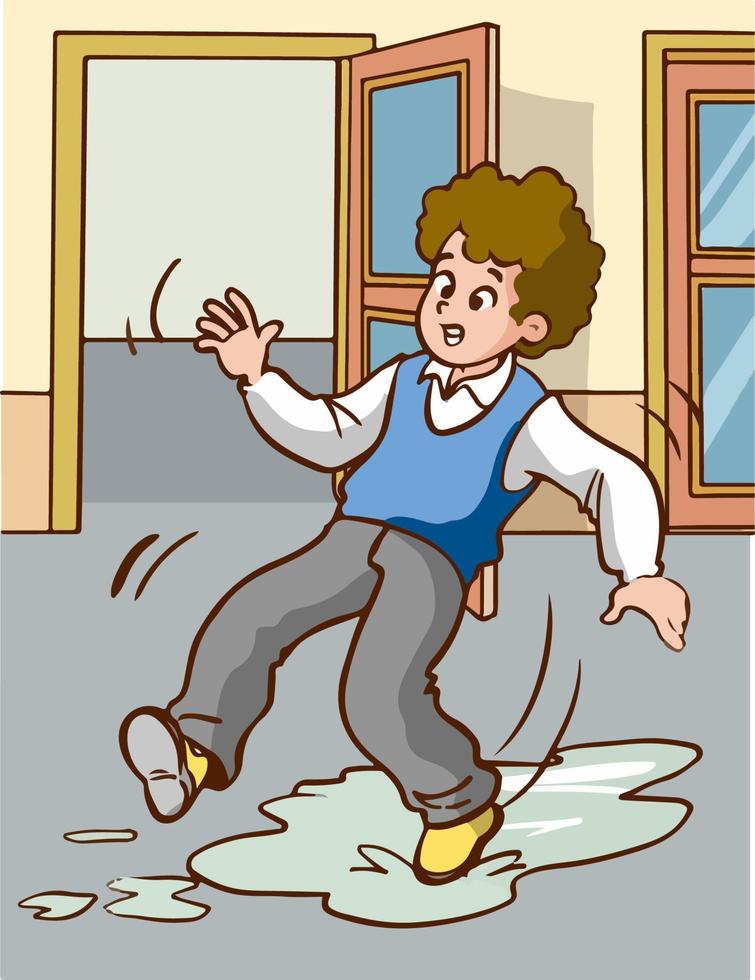 boy slipping on wet floor cartoon vector