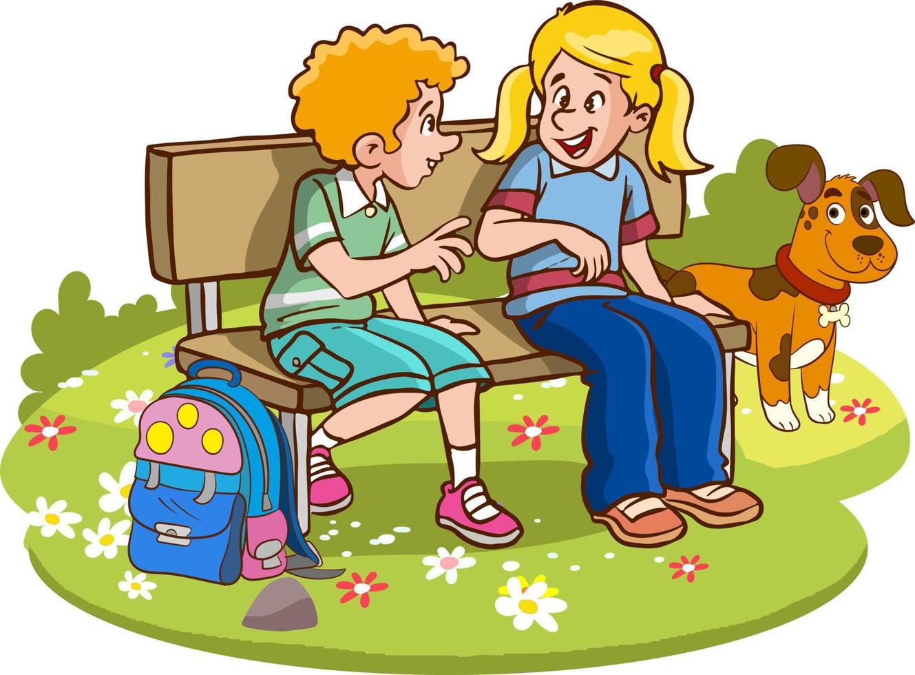 kids sitting on bench and talking cartoon vector