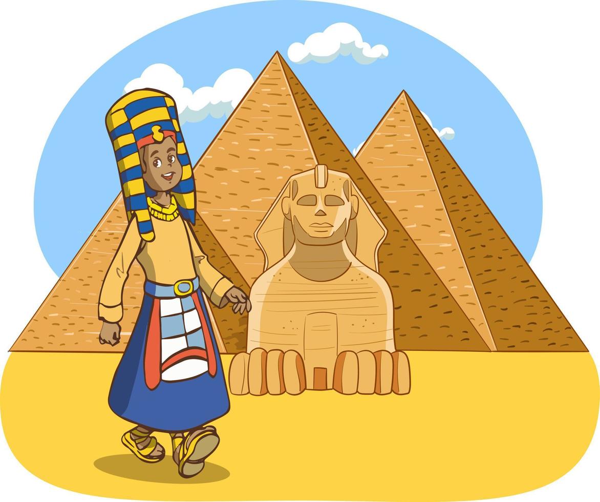 niño egipcio antiguo y vector de dibujos animados de pirámides