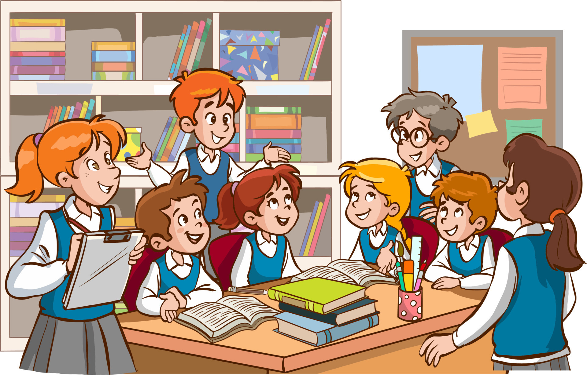 A group of children sitting at the table in the classroom and reading  together. Or shelves in the background. Vector illustration of student study  . 19015937 Vector Art at Vecteezy