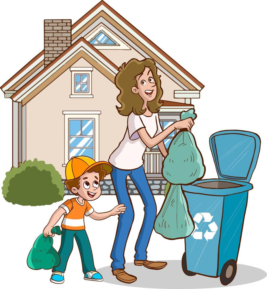 garbage womanand children cartoon vector