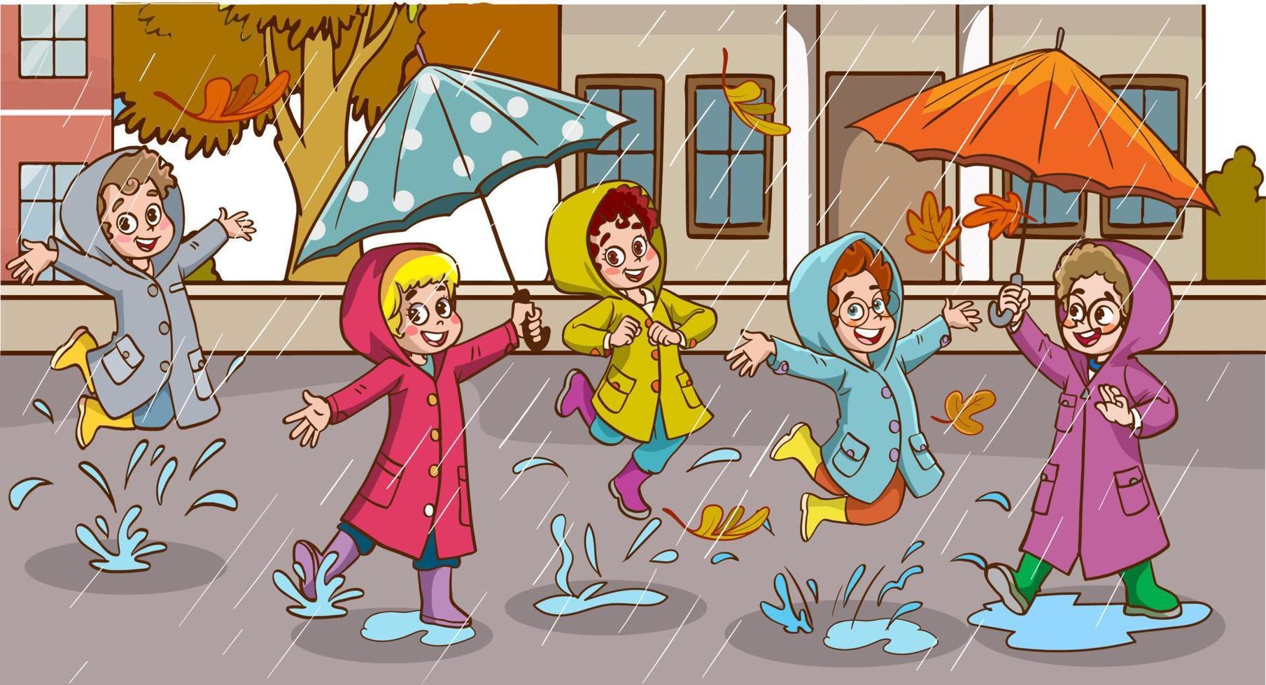 children dancing in the rain cartoon vector