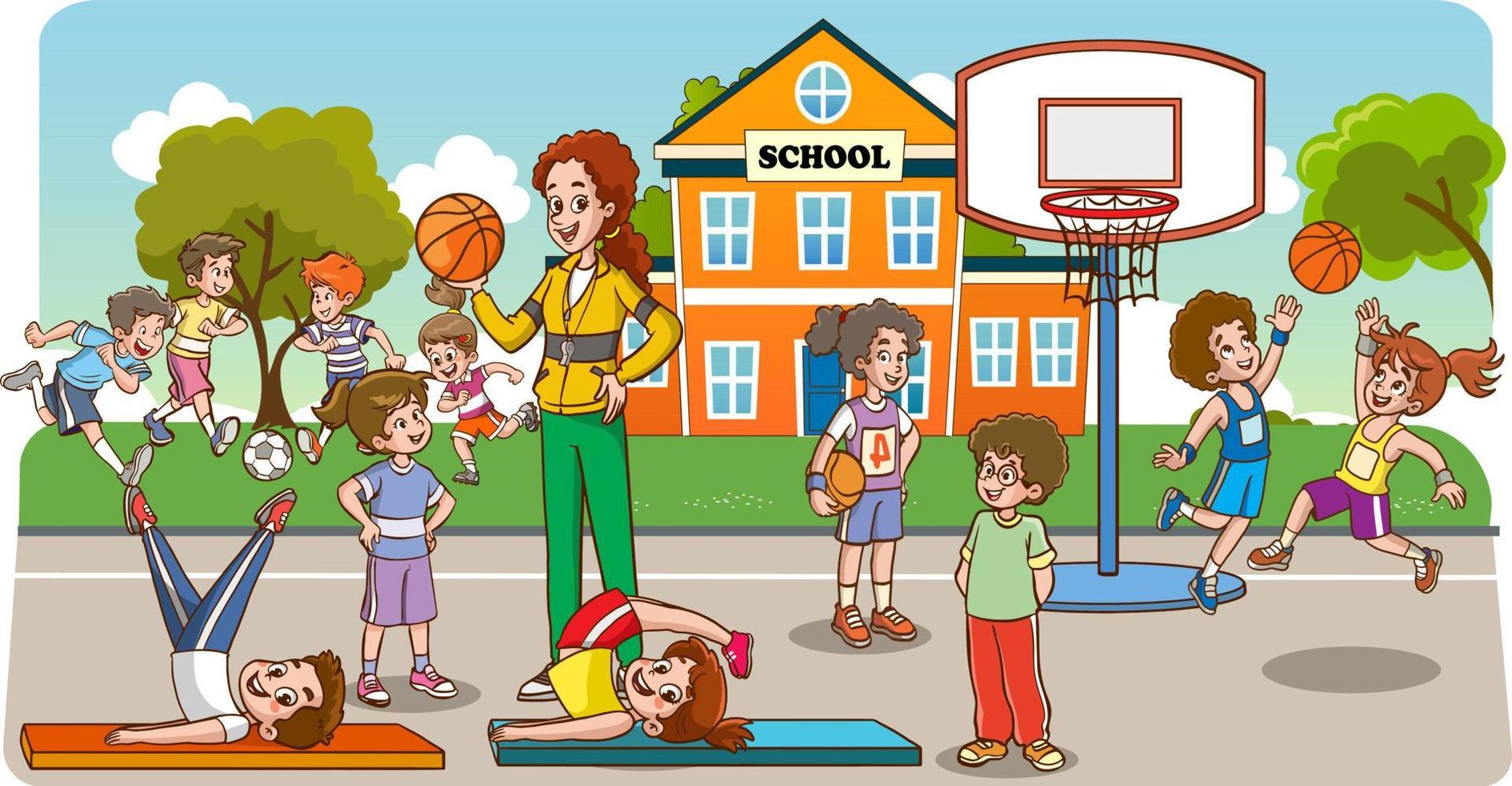 students and teacher in sports lesson cartoon vector