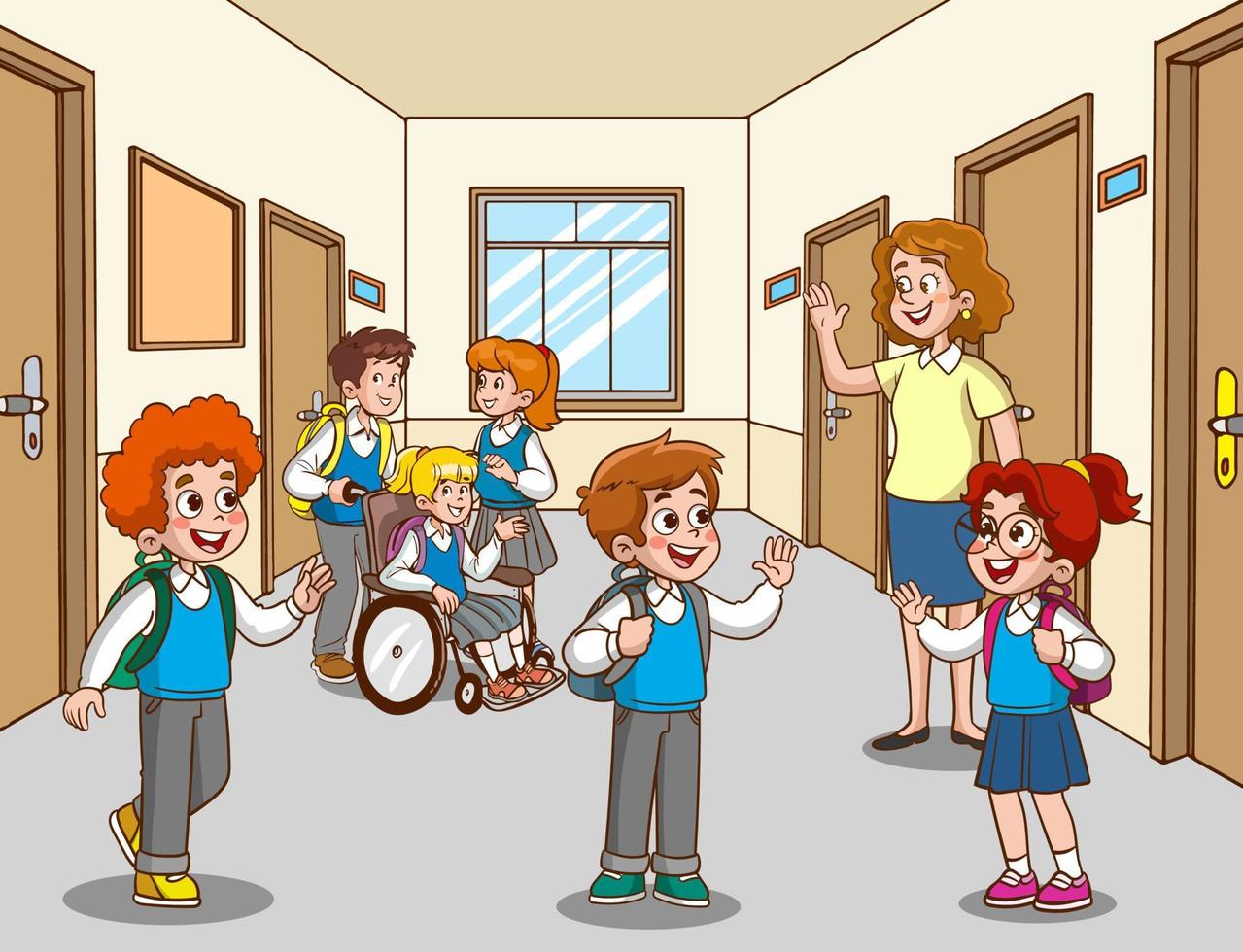 el maestro y los estudiantes saludan en el vector de dibujos animados de la escuela