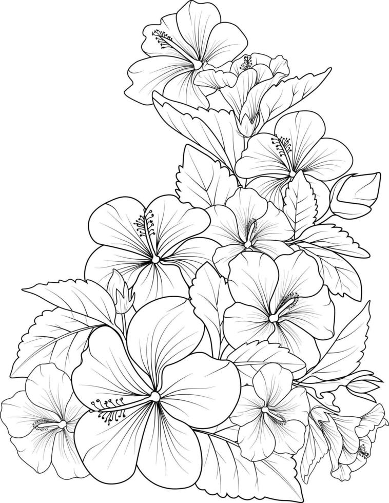 Hibiscus flowers illustration coloring page, simplicity, Embellishment, monochrome, vector art, Outline print with blossoms sharon flower, leaves, and buds isolated on a white background.