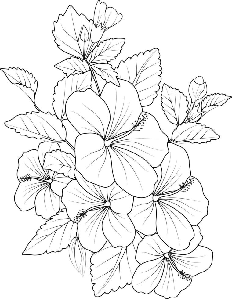 Hibiscus flowers illustration coloring page, simplicity, Embellishment, monochrome, vector art, Outline print with blossoms sharon flower, leaves, and buds isolated on a white background.