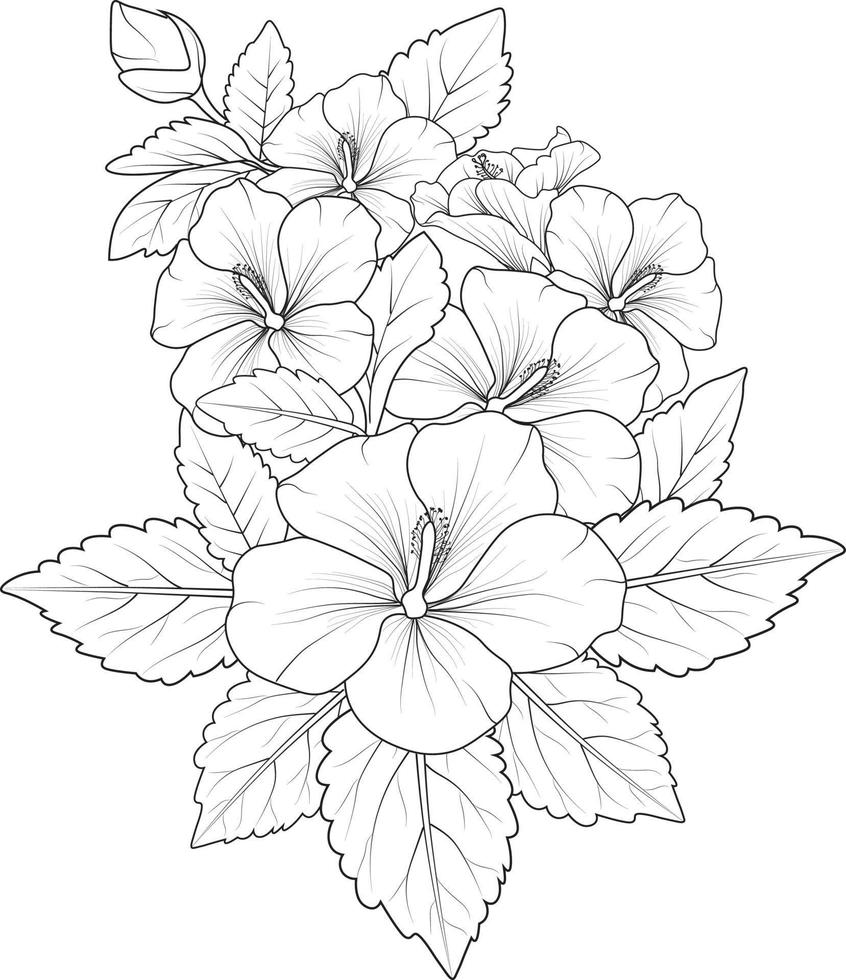 Hibiscus isolated, hand-drawn floral element. vector illustration bouquet or china rose, sketch art beautiful zentangle doodle flower tattoo, coloring page for adults on white background.