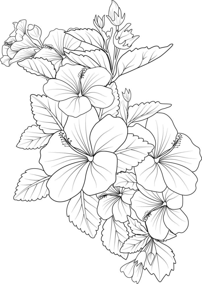 hibisco aislado, elemento floral dibujado a mano. ramo de ilustración vectorial o rosa china, boceto de arte hermoso tatuaje de flor de garabato zentangle, página para colorear para adultos sobre fondo blanco. vector